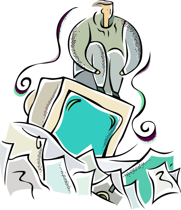 Vector Illustration of Redundant Office Worker Tossed on the Garbage Heap Sits on Computer