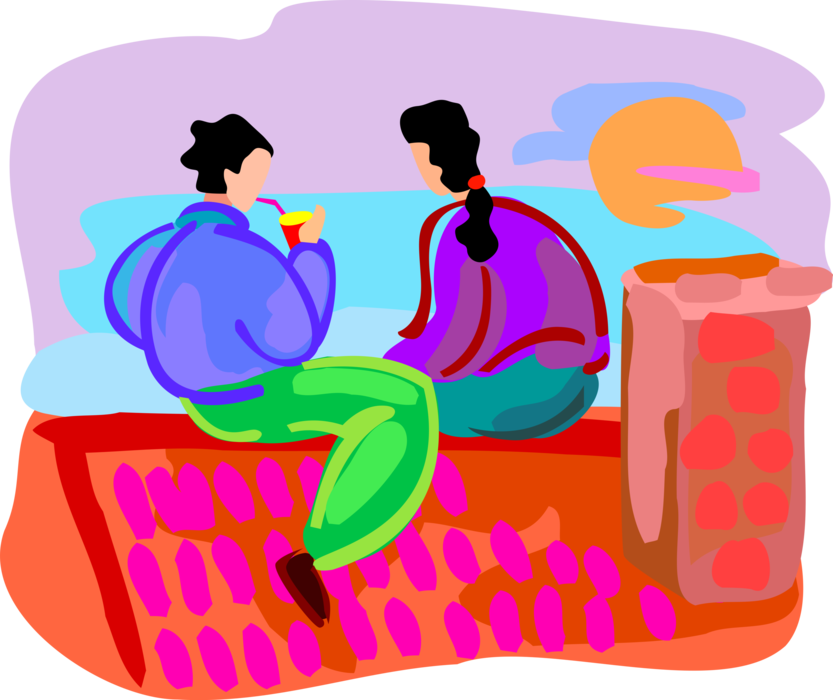 Vector Illustration of Friends Sit on Building Roof Top Watching Sunset