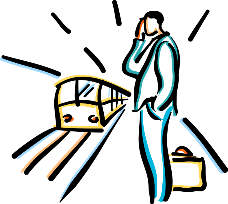 Vector Illustration of Business Commuter Waits at Subway Station Platform for Train