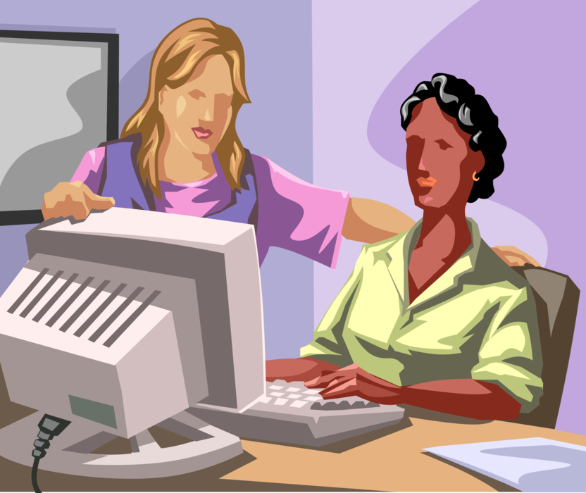 Vector Illustration of Basic Computer Skills Class for Seniors with Teacher and Student