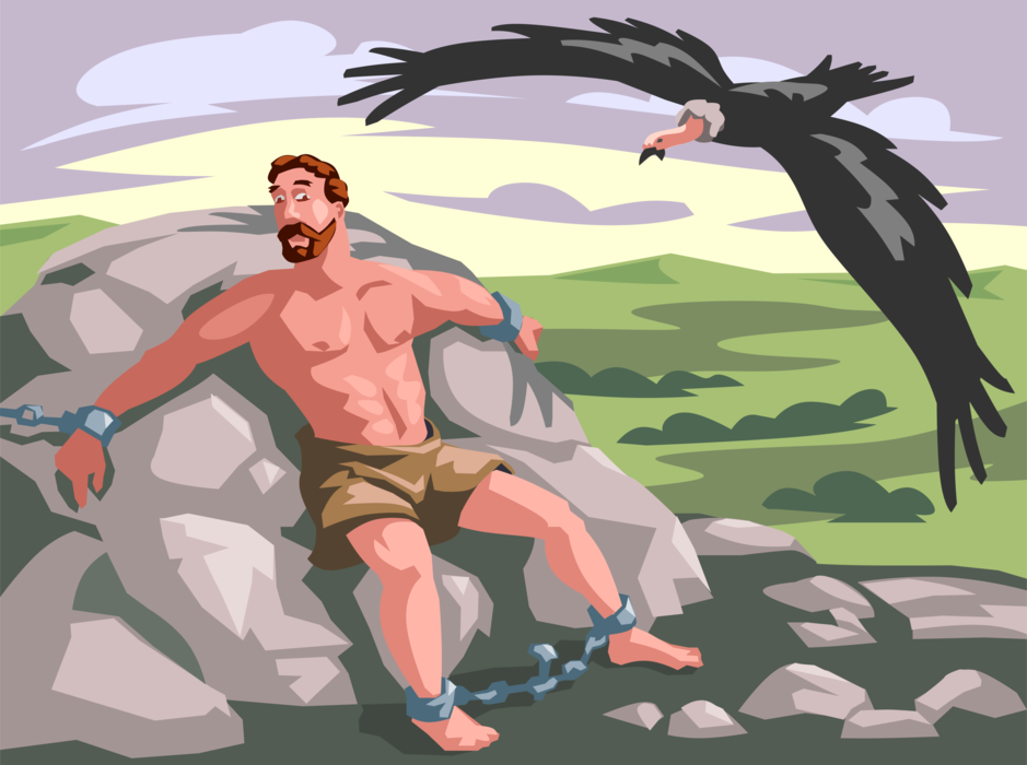 Vector Illustration of Greek Mythology Prometheus, Creator of Mankind Confronted by Menacing Eagle Bird