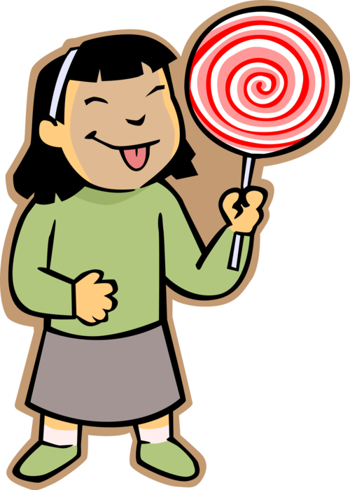 Vector Illustration of Primary or Elementary School Student Asian Girl with Large Candy Sucker