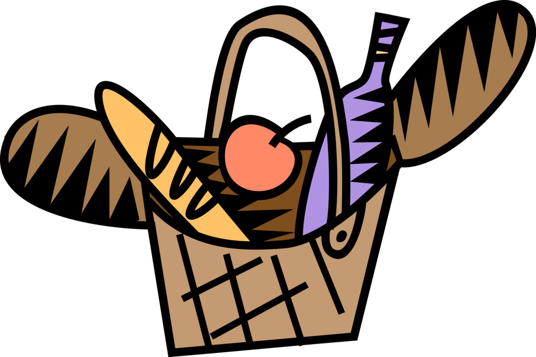 Vector Illustration of Picnic Basket or Picnic Hamper Holds Food and Tableware for Picnic Meal with Food
