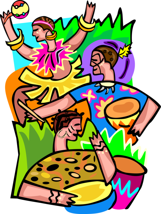 Vector Illustration of Hawaiian Polynesian Luau Party with Hula Dancer and Drum Musicians