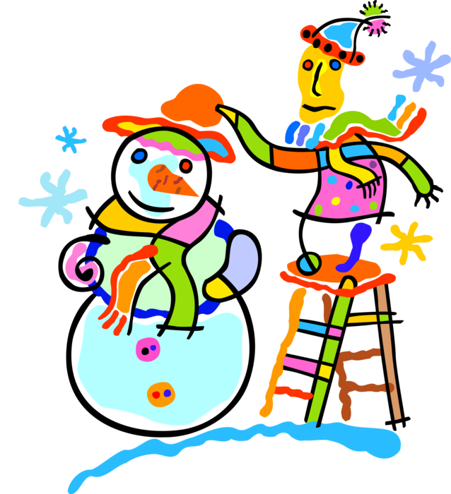 Vector Illustration of Building Snowman Anthropomorphic Snow Sculpture Outdoors in Winter with Step Ladder