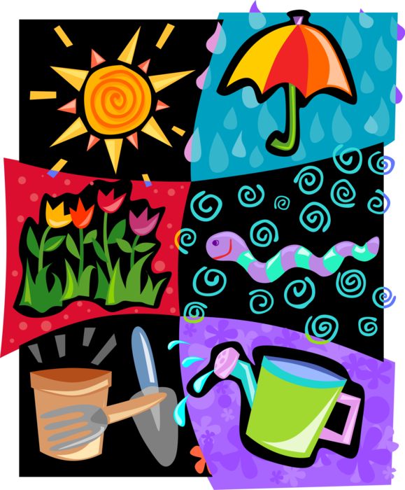 Vector Illustration of Gardening Watering Can, Sun, Flowers and Umbrella or Parasol Rain Protection