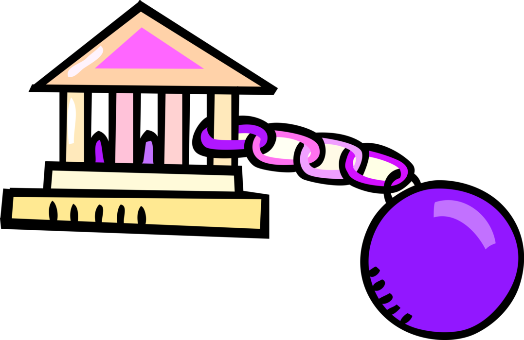 Vector Illustration of Ball and Chain Restraint Chained to Financial Institution Bank
