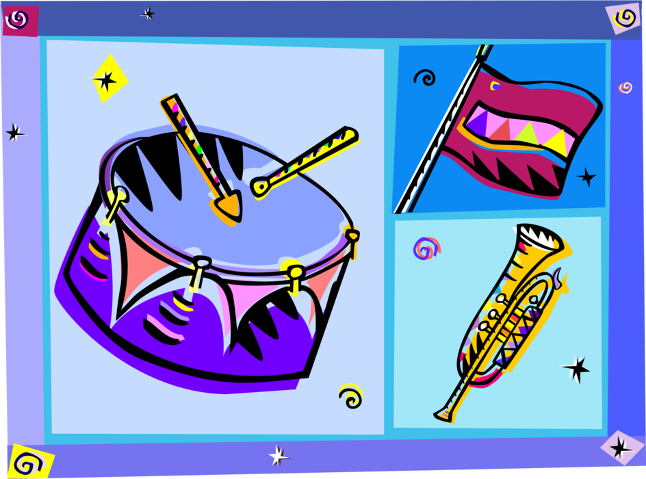 Vector Illustration of Marching Band Snare Drum with Trumpet Horn and School Flag