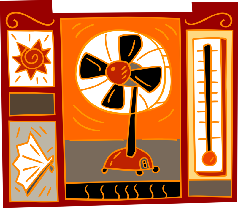 Vector Illustration of Hot Summer with Air Circulation Fan, Temperature Thermometer