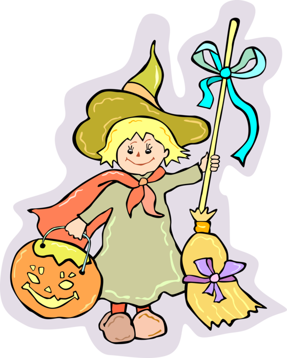 Vector Illustration of Trick or Treater in Witch Costume with Broom for Halloween