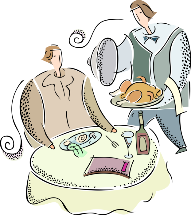 Vector Illustration of Restaurant Maître d'hôtel Waiter Reveals Roast Turkey Poultry Dinner to Seated Customer Guest