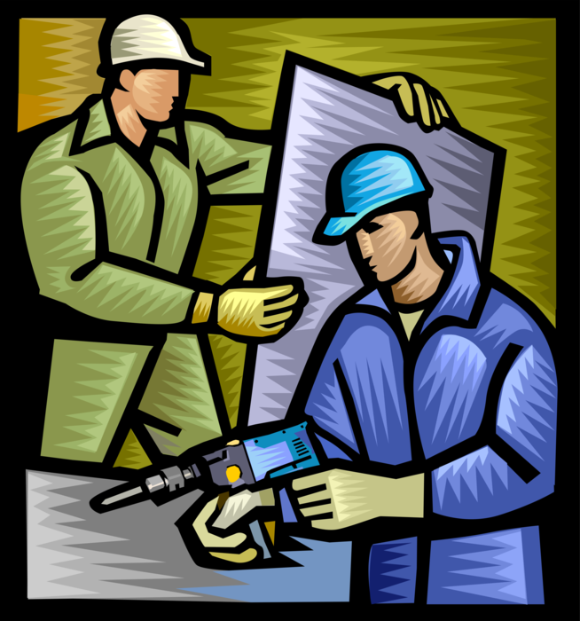 Vector Illustration of Construction Workers with Metal Sheeting and Electric Drill