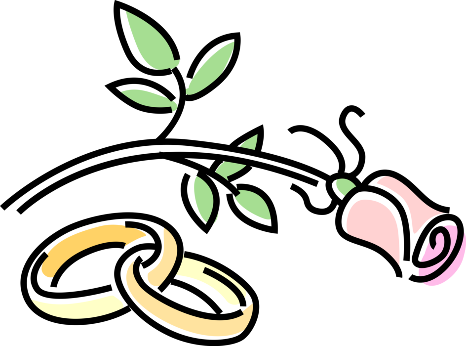 Vector Illustration of Wedding Band Rings Signify Pledge of Fidelity with Rose Flower at Marriage Ceremony