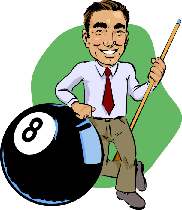 Vector Illustration of Game of Pocket Billiards Pool Player with Eight Ball and Cue Stick