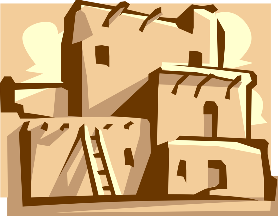 Vector Illustration of Native American Pueblo Structures Built of Stone, Adobe Mud