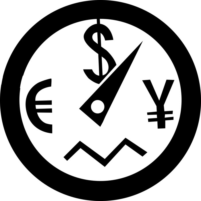 Vector Illustration of Financial Concept Speedometer Meter Arrow with Euro, Dollar, and Yen Currency Symbols