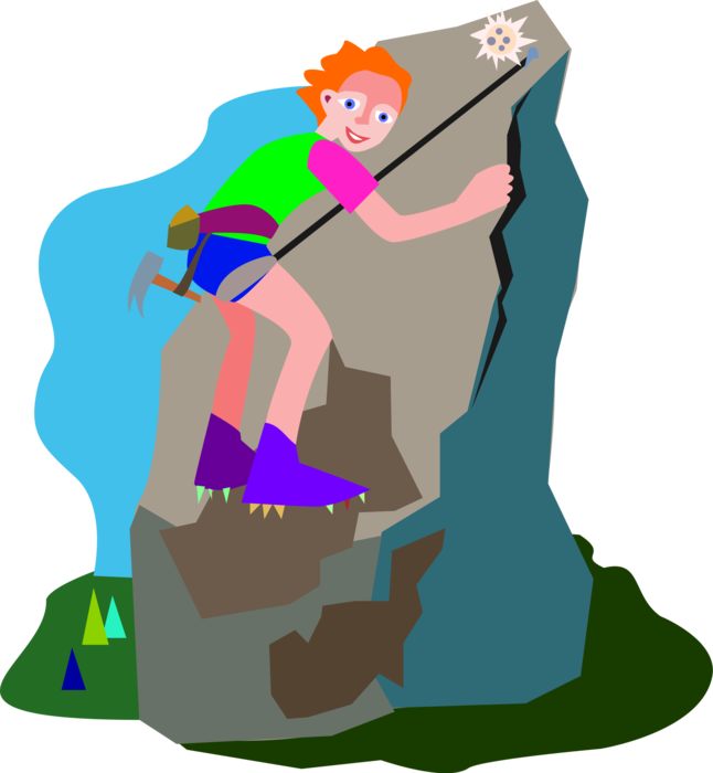 Vector Illustration of Mountain Climber Uses Rope to Climb Steep Rock Face