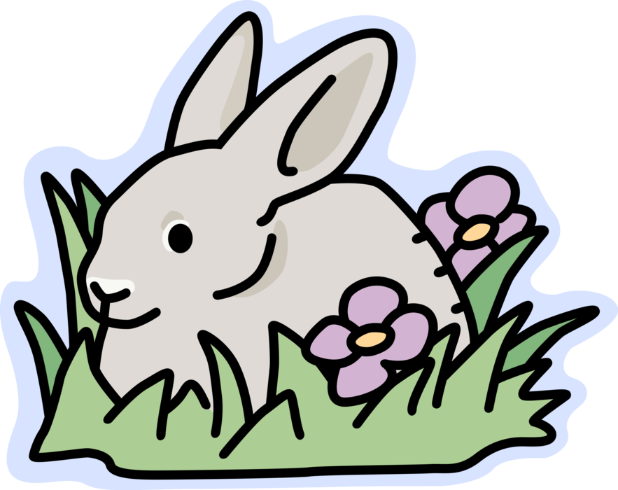 Vector Illustration of Small Mammal Rabbit in the Grass with Flowers