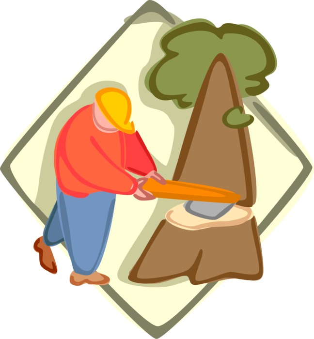 Vector Illustration of Forestry Lumberjack Logger with Axe Cutting Down Tree