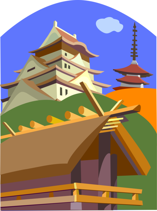 Vector Illustration of Japanese Pagoda Temple or Sacred Structure and Traditional Architecture Buildings