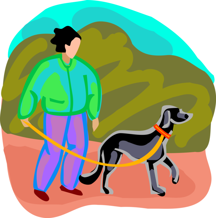 Vector Illustration of Woman Walking Family Pet Dog