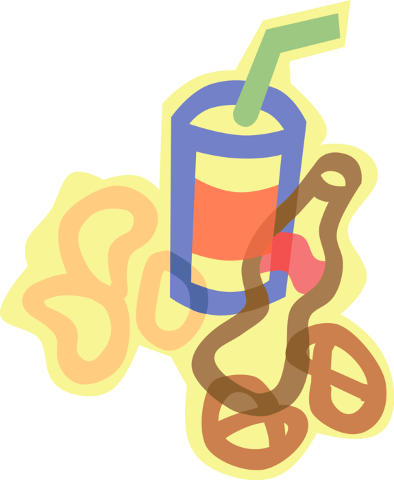 Vector Illustration of Pretzel Snacks, Potato Chips and Soda Soft Drink