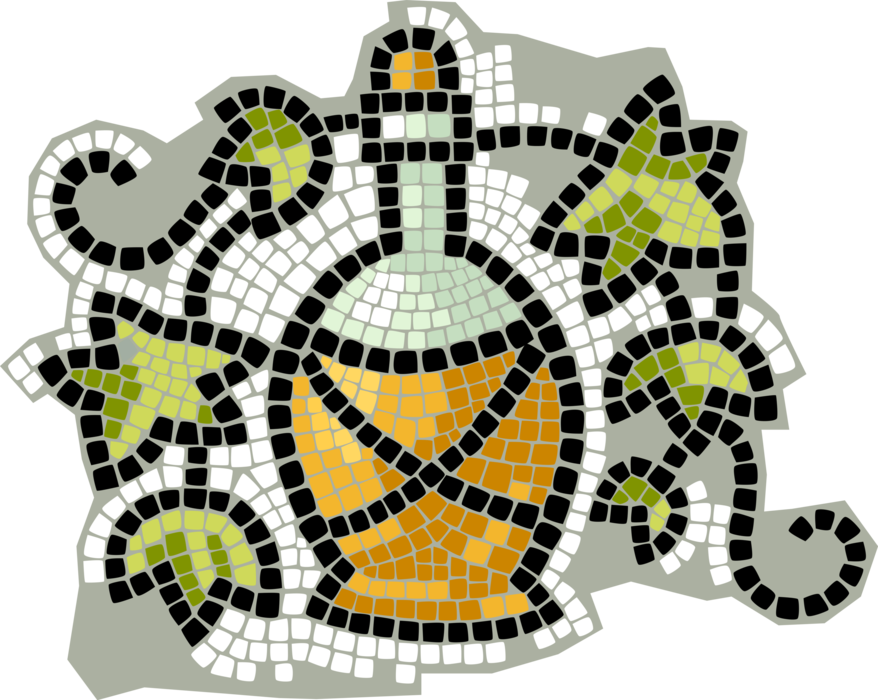 Vector Illustration of Decorative Mosaic Wine Bottle with Vineyard Grape Leaves