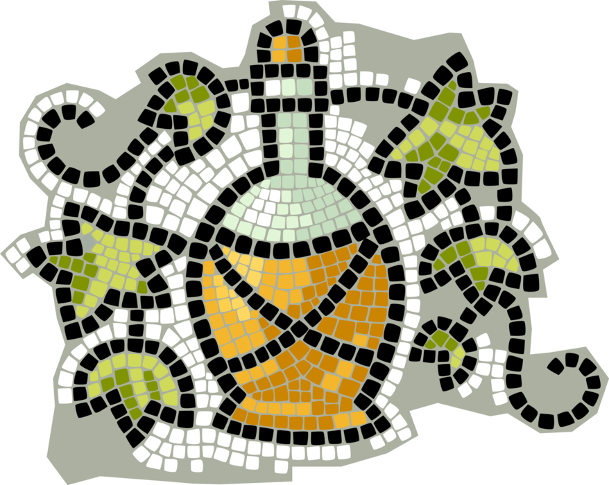 Vector Illustration of Decorative Mosaic Wine Bottle with Vineyard Grape Leaves