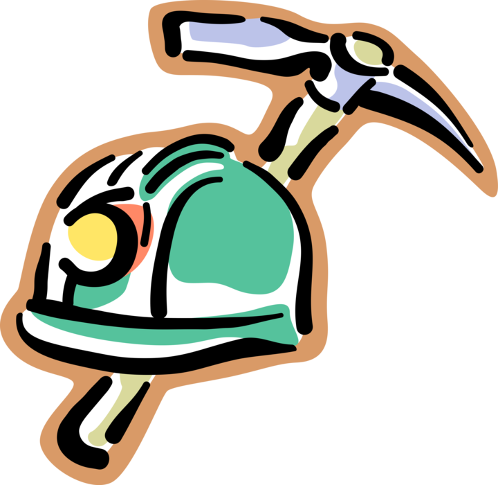 Vector Illustration of Miners Helmet with Pickaxe or Pick Hand Tool for Breaking Hard Ground or Rock
