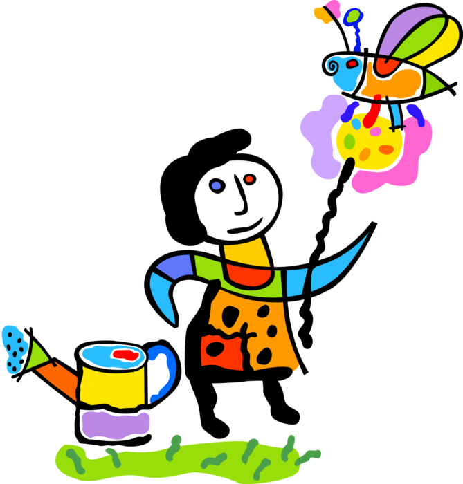 Vector Illustration of Gardener with Watering Can Nurtures Flowers Enabling Bees and Insects to Pollinate 