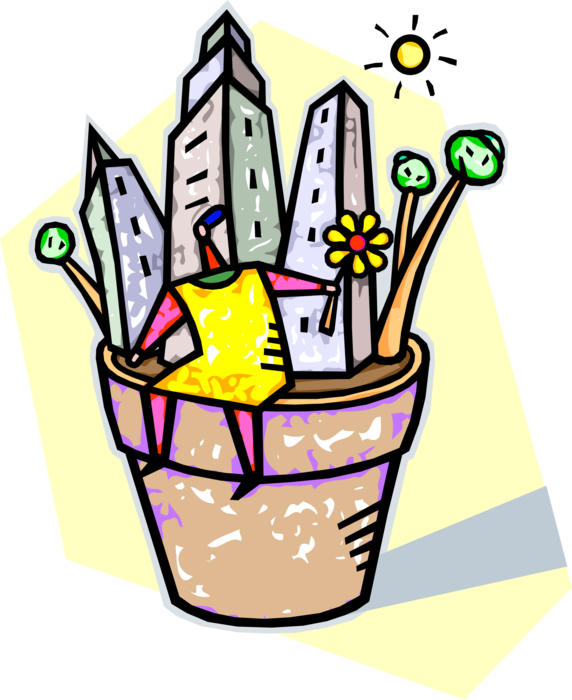 Vector Illustration of Urbanization with City Buildings Encroaching on Natural Environment in Flower Pot