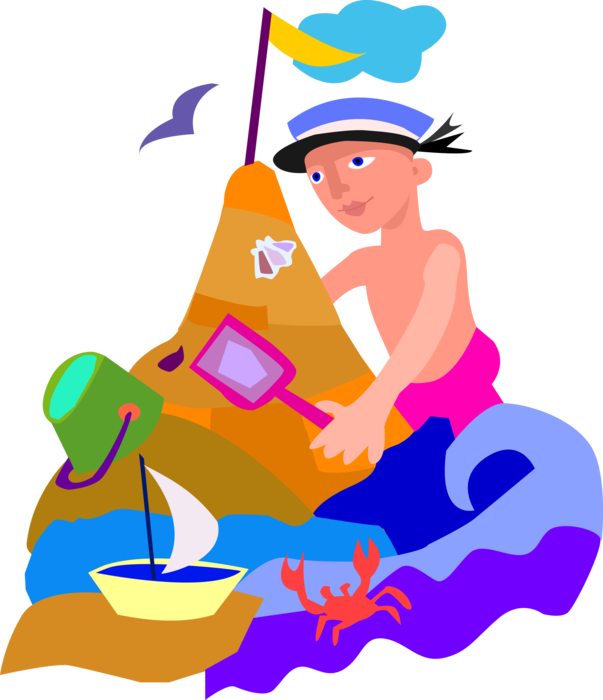 Vector Illustration of Building Sand Castles During Day at the Beach