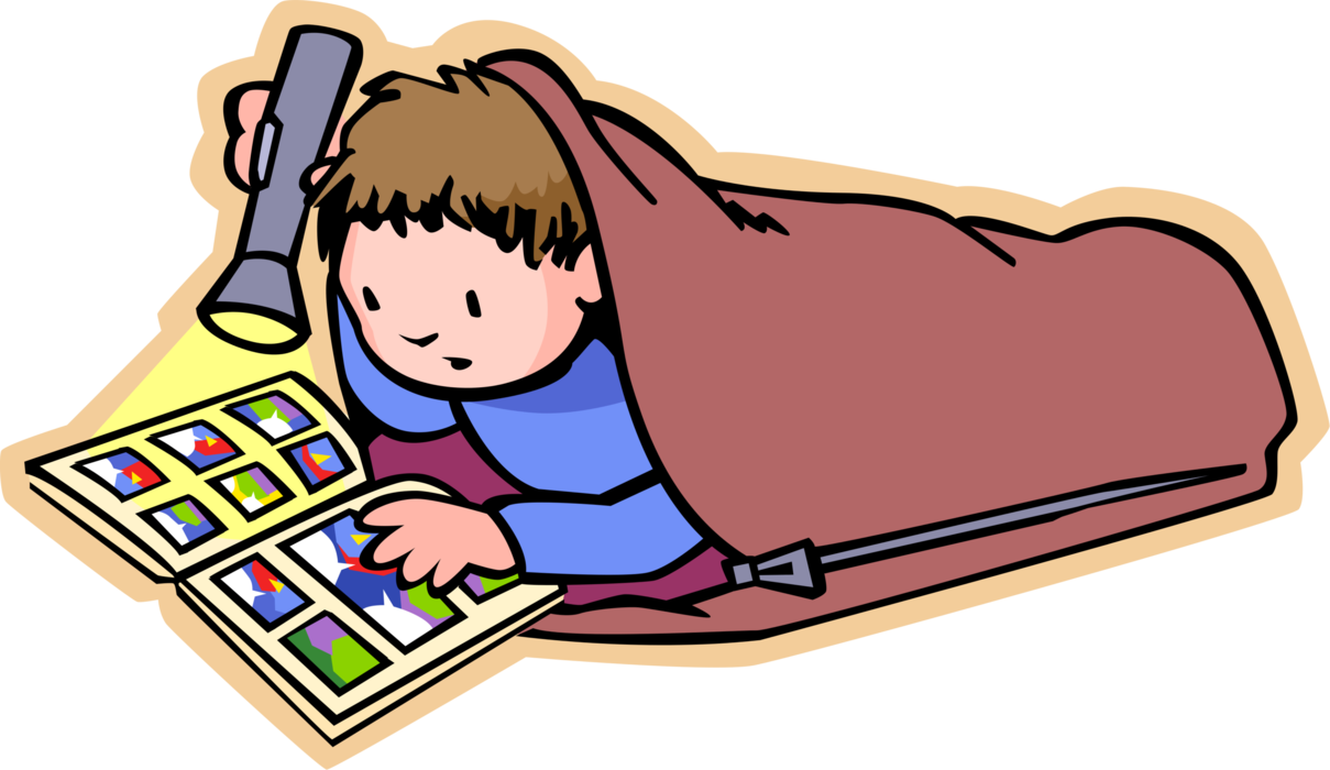 Vector Illustration of Primary or Elementary School Student Boy with Sleeping Bag, Flashlight and Comic Book