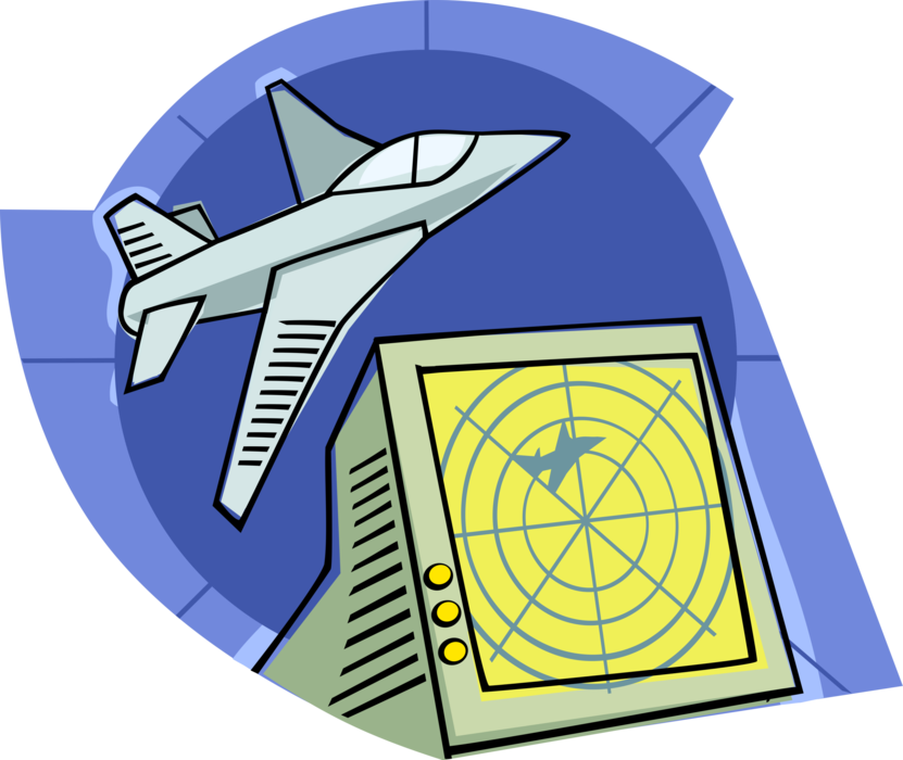 Vector Illustration of Radar Object-Detection System Tracking Aircraft Military Jet in Flight