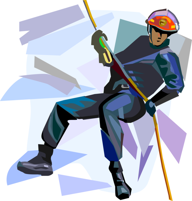 Vector Illustration of Mountain Climber Climbing Steep Cliff Face with Rope
