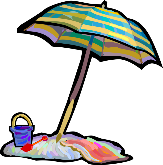 Vector Illustration of Beach Umbrella or Parasol Rain Protection with Pail and Shovel