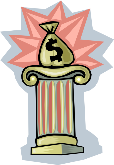 Vector Illustration of Cash Dollars Money Bag Elevated on Column Pedestal
