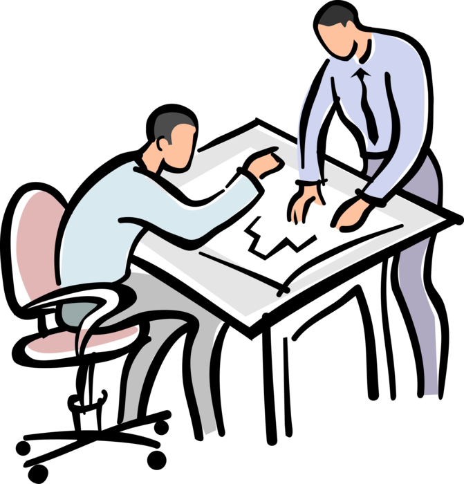 Vector Illustration of Architects Work at Drafting Table with Building Design