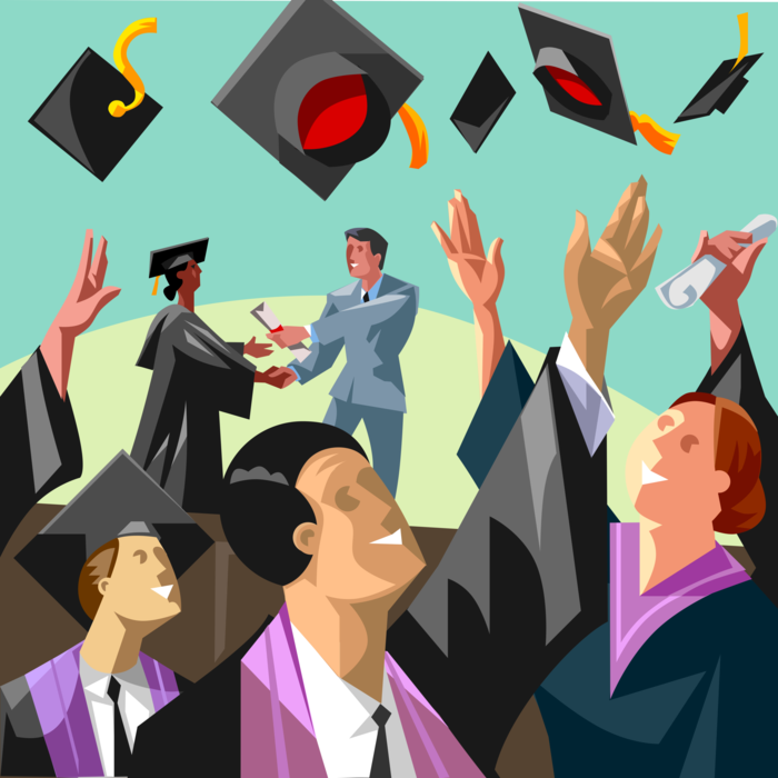 Vector Illustration of University Graduation Day with Student Graduates Throwing Mortarboard Caps in the Air