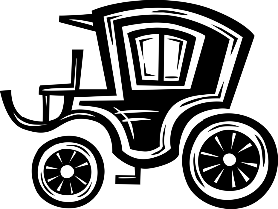 Vector Illustration of Vintage Enclosed Horse-Drawn Carriage Driven by Coachman