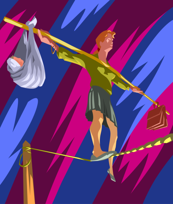 Vector Illustration of Businesswoman Tightrope Walker Balances Work and Family Responsibilities
