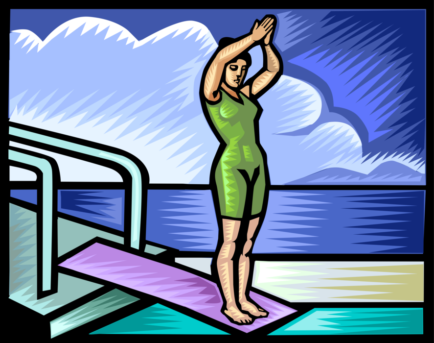 Vector Illustration of Diver Prepares to Dive into Swimming Pool from Diving Board