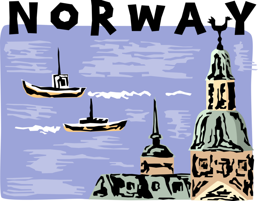 Vector Illustration of Trinity Church with Boats in Harbor, Oslo, Norway 