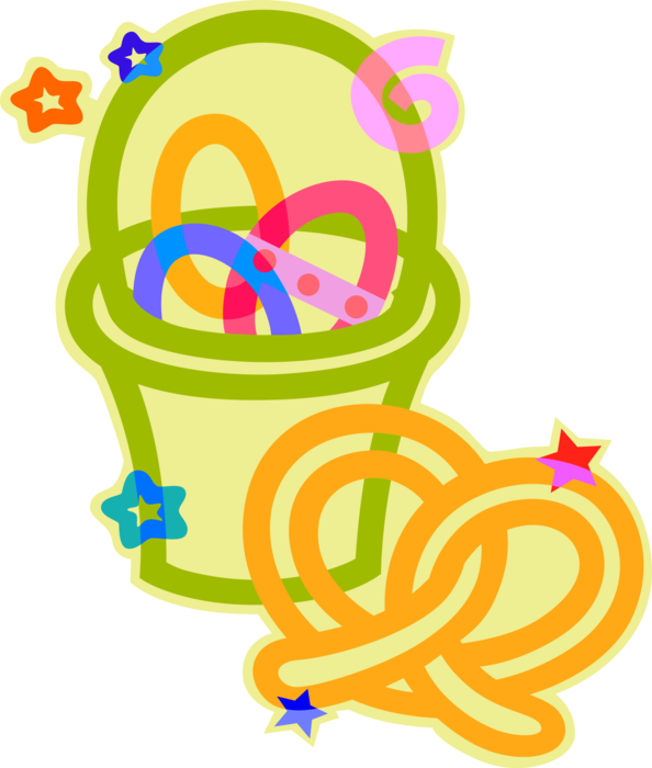 Vector Illustration of Easter Basket with Colored Eggs and Baked Pretzel Symbolic of Prayer and Penance