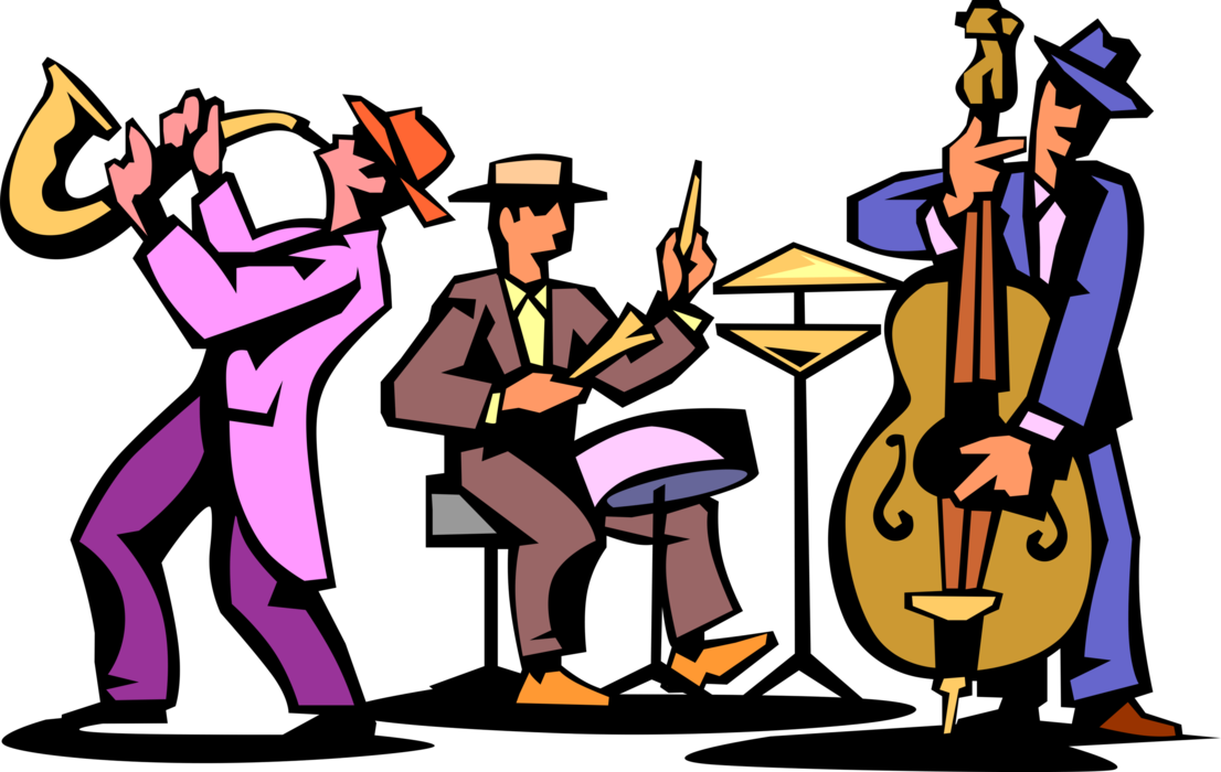 Vector Illustration of Jazz Trio Musicians Play Saxophone, Drum Kit and Bass Musical Instruments