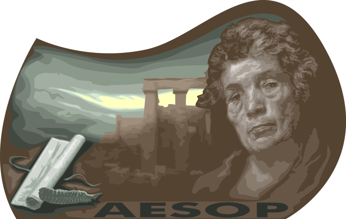 Vector Illustration of Aesop Ancient Greek Fabulist Story Teller Author Wrote Aesop's Fables 