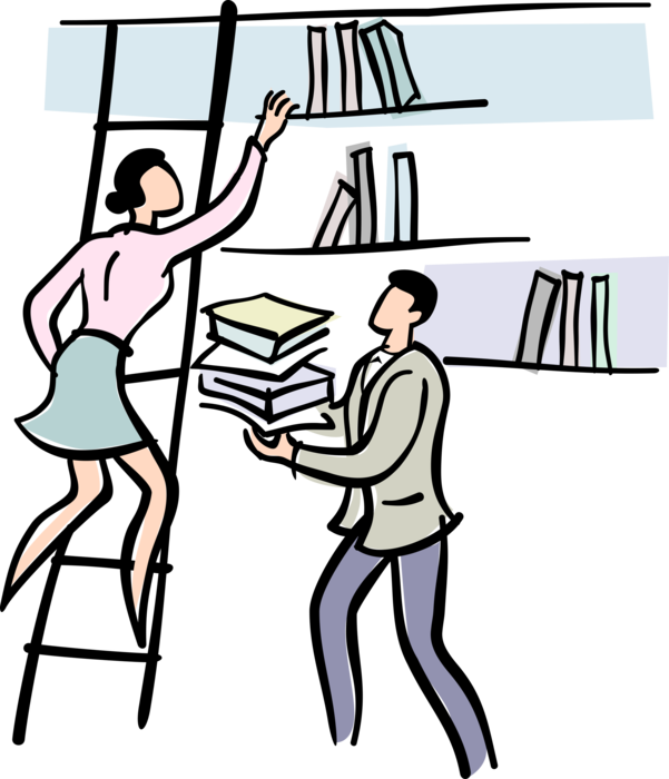 Vector Illustration of Librarians Place Library Books on Shelves with Ladder