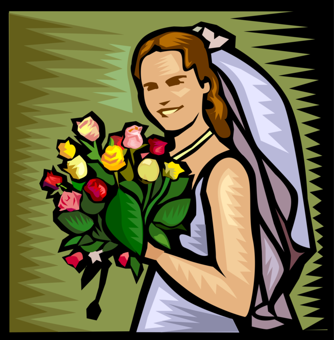 Vector Illustration of Wedding Day Bride with Floral Bouquet Flowers at Marriage Ceremony