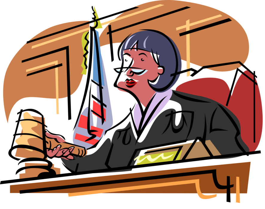 Vector Illustration of Judicial Judge at Bench in Court Makes Ruling with Gavel and American Flag