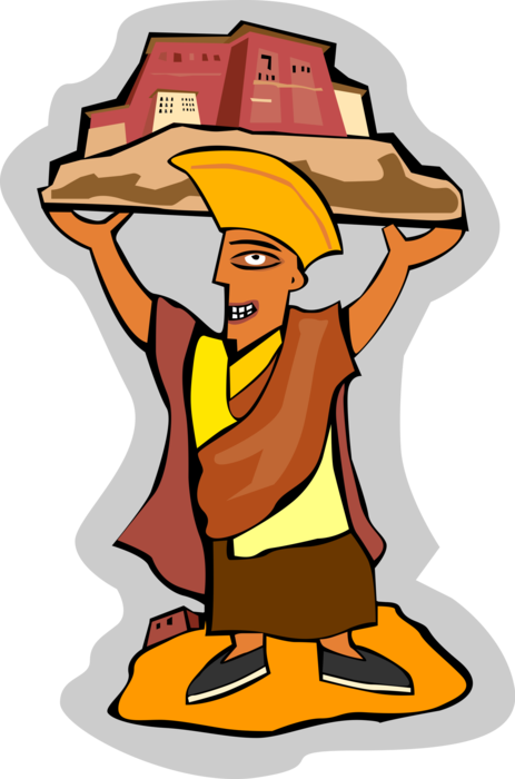 Vector Illustration of Tibetan Monk with Yellow Hat Holds The Potala Palace in Lhasa, Tibet, China